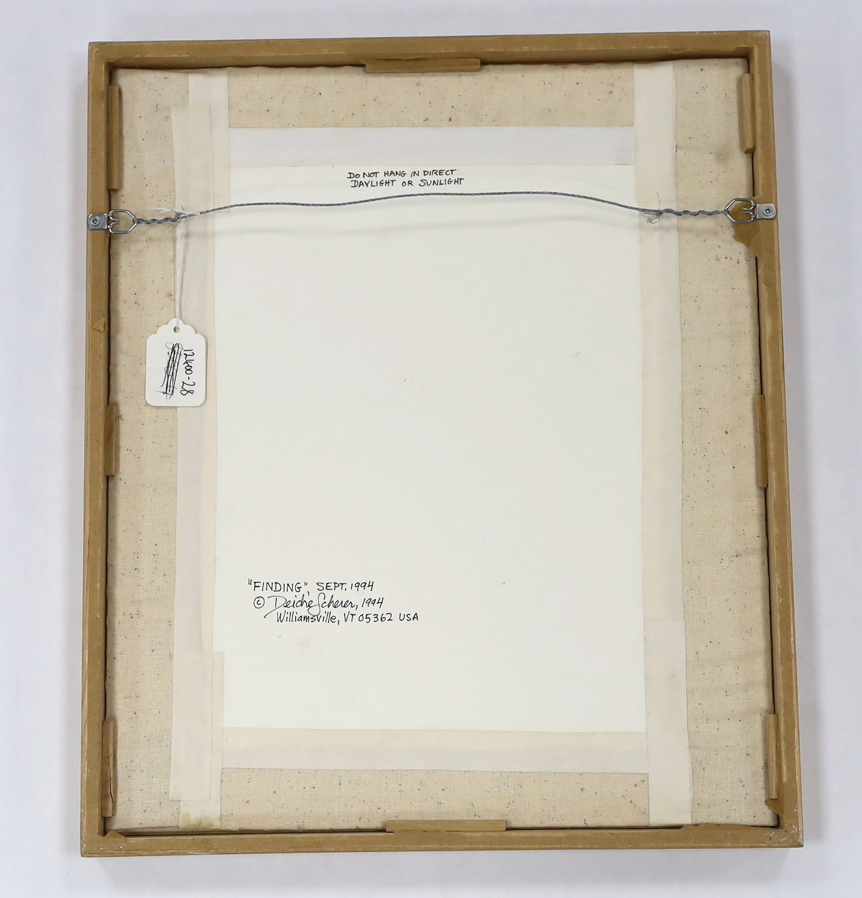 Deidre Scherer (American), needlework panel, 'Finding, September, 1994', signed and dated 1994 verso, 27 x 24.5cm